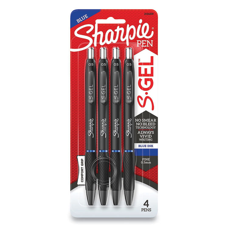 S-GEL HIGH-PERFORMANCE GEL PEN, RETRACTABLE, FINE 0.5 MM, BLUE INK, BLACK BARREL, 4/PACK