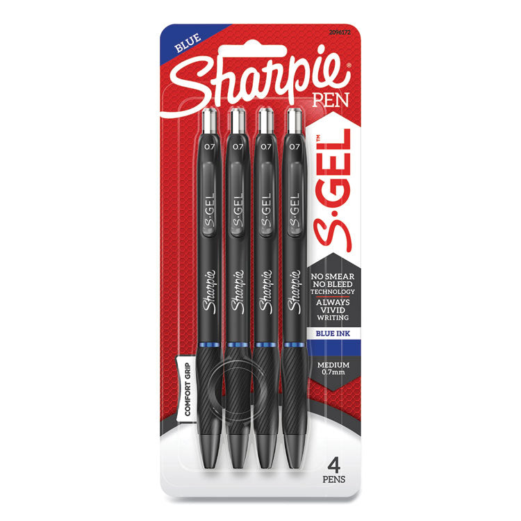 S-Gel High-Performance Gel Pen, Retractable, Medium 0.7 Mm, Blue Ink, Black Barrel, 4/pack