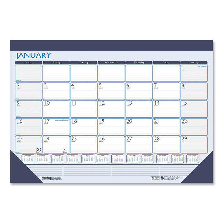 Recycled Contempo Desk Pad Calendar, 22 x 17, White/Blue Sheets, Blue Binding, Blue Corners, 12-Month (Jan to Dec): 2025
