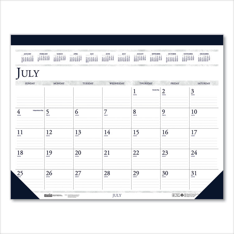 Recycled Academic Desk Pad Calendar, 22 x 17, White/Blue Sheets, Blue Binding/Corners, 14-Month: July 2025 to Aug 2026