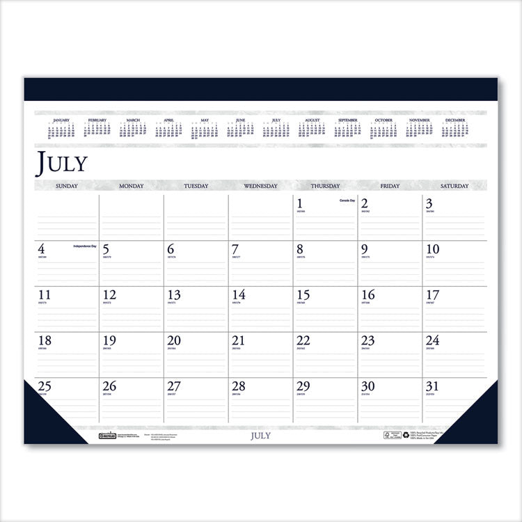 Recycled Academic Desk Pad Calendar, 18.5 x 13, White/Blue Sheets, Blue Binding/Corners, 14-Month: July 2025 to Aug 2026