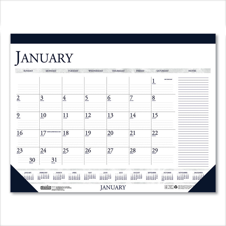 Recycled Two-Color Monthly Desk Pad Calendar with Notes Section, 18.5 x 13, Blue Binding/Corners, 12-Month (Jan-Dec): 2025