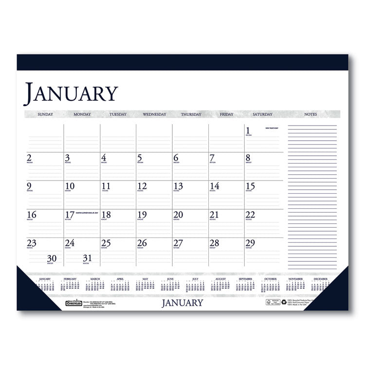 Recycled Two-Color Monthly Desk Pad Calendar with Notes Section, 22 x 17, Blue Binding/Corners, 12-Month (Jan-Dec): 2025