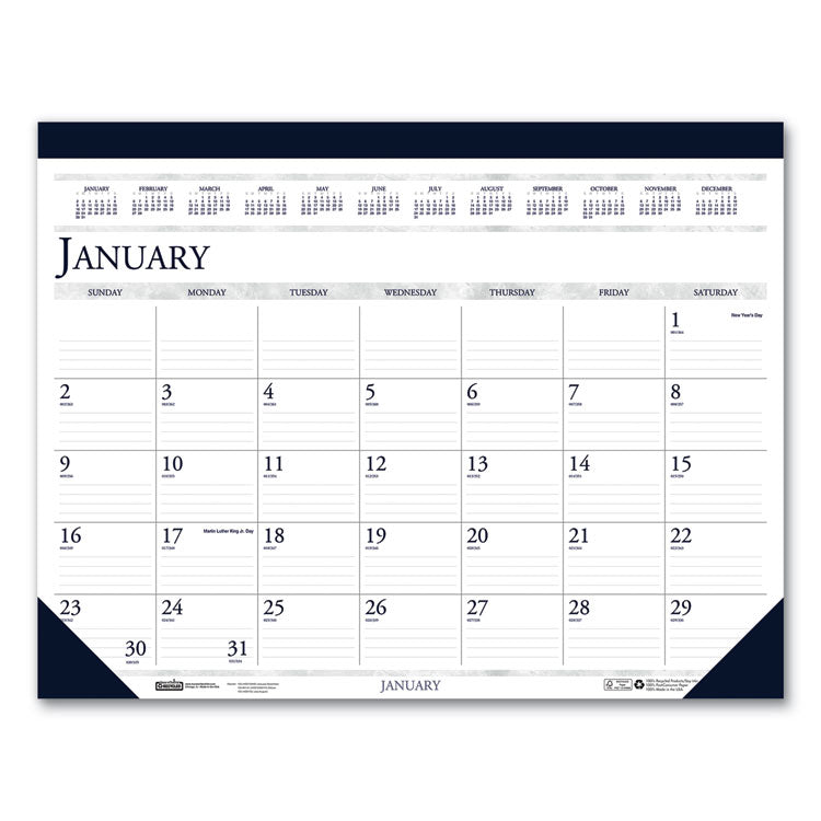 Recycled Two-Color Monthly Desk Pad Calendar, 22 x 17, Perforated White/Blue/Gray Sheets, 12-Month (Jan-Dec): 2025
