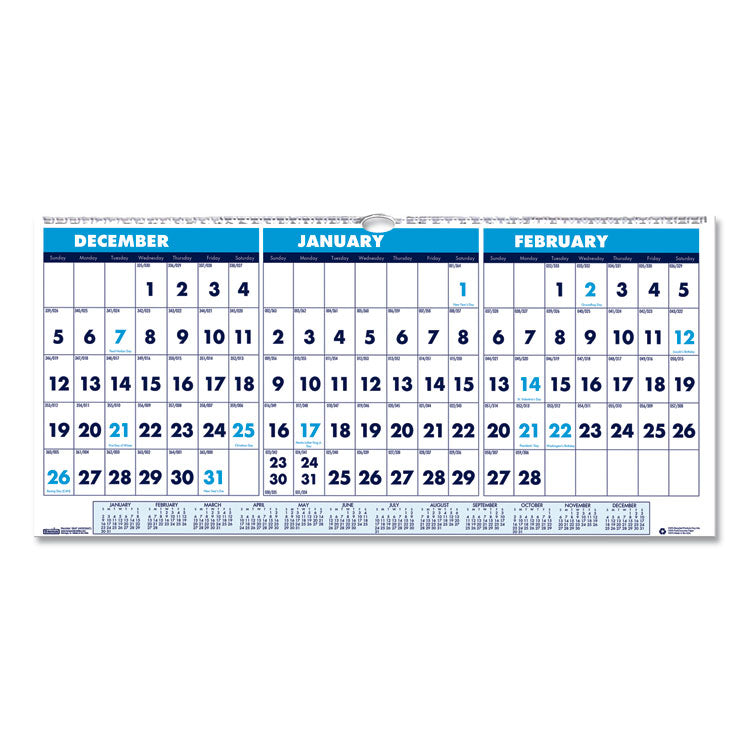 Recycled Three-Month Format Wall Calendar, Horizontal Orientation, 17 x 8, White Sheets, 14-Month: Dec 2024 to Jan 2026
