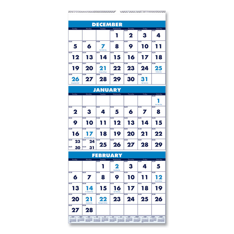 Recycled Three-Month Format Wall Calendar, Vertical Orientation, 8 x 17, White Sheets, 14-Month: Dec 2024 to Jan 2026