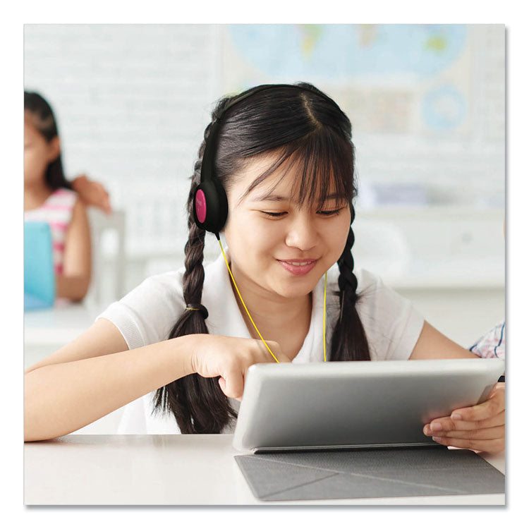 Kids Safe Headphones with Inline Microphone, 4 ft Cord, Black with Interchangeable Pink/Blue/Silver Caps