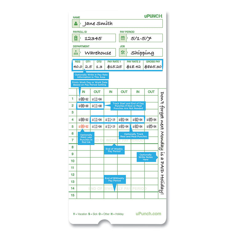 Time Clock Cards For Upunch Hn3000, Two Sides, 7.37 X 3.37, 50/pack