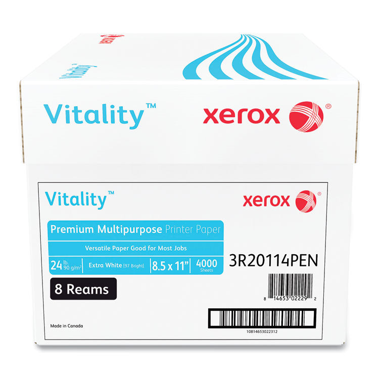 Vitality Premium Multipurpose Print Paper, 97 Bright, 24 lb Bond Weight, 8.5 x 11, Extra White, 500/Ream, 8 Reams/Carton