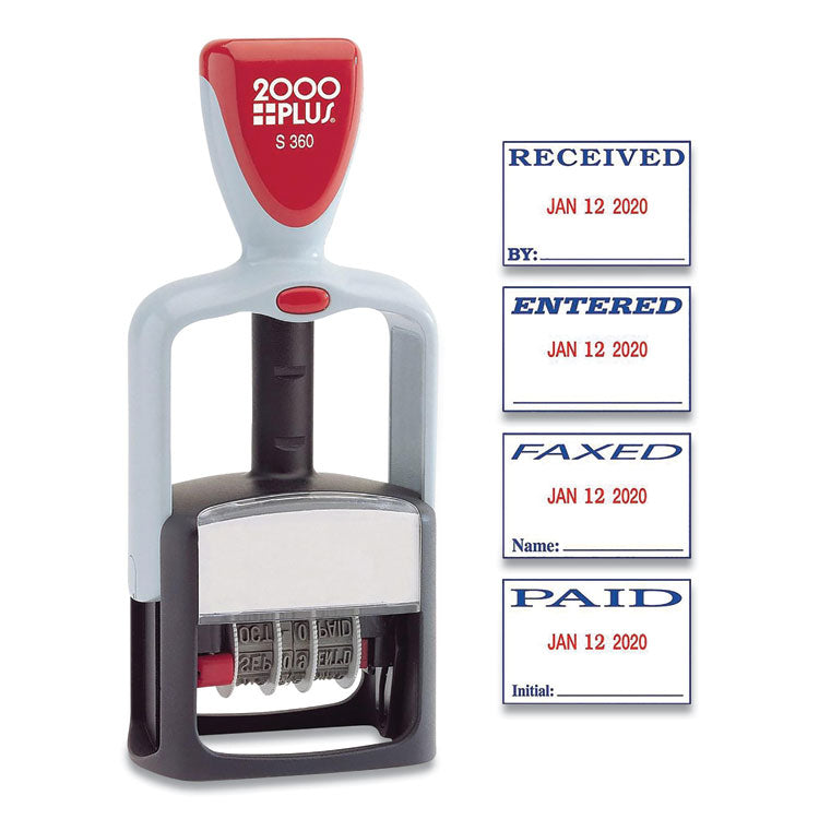 Model S 360 Self-Inking Two-Color Message Dater, 5 Years, Entered/faxed/paid/received, 1.81" X 1.25", Blue/red Ink