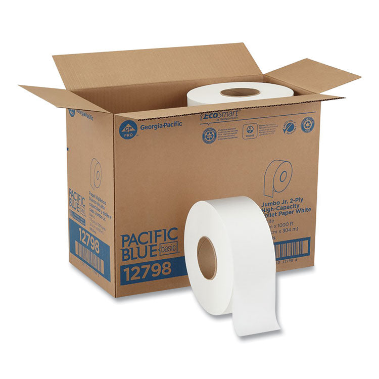 Jumbo Jr. Bathroom Tissue Roll, Septic Safe, 2-Ply, White, 3.3" x 1,000 ft, 8 Rolls/Carton