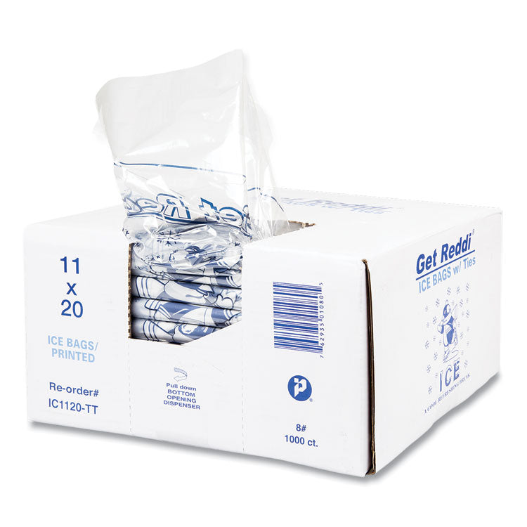Ice Bags with Twist-Ties, Ice: Penguin Icon Labeling, 8 lb Capacity, 11" x 20", Clear, 1,000/Carton