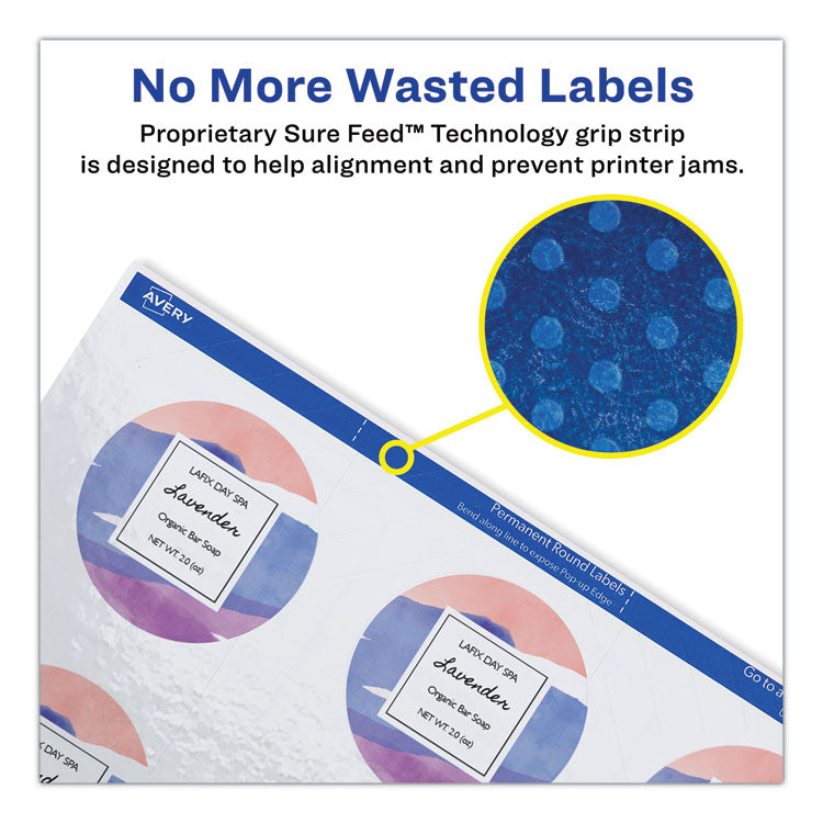 Round Print-To-The Edge Labels With Sure Feed And Easy Peel, 2" Dia, Glossy White, 120/pk