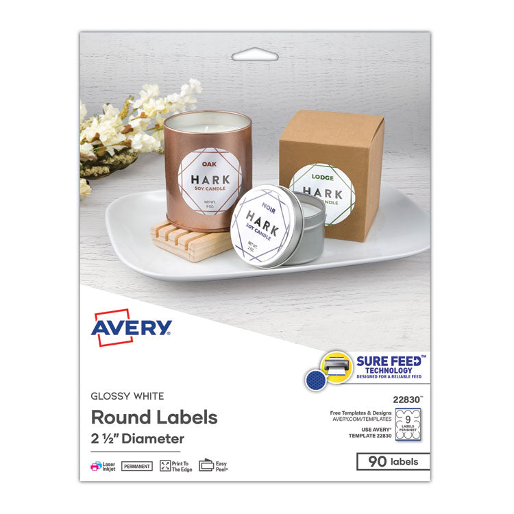 Round Print-To-The Edge Labels With Surefeed, 2.5" Dia, Glossy White, 90/pk