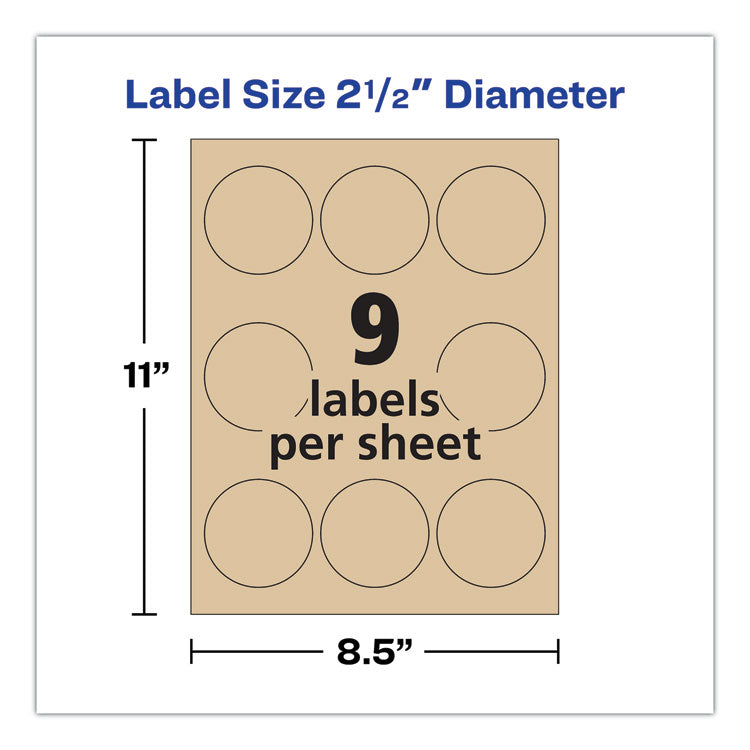 Round Brown Kraft Print-To-The-Edge Labels, 2.5" Dia, 225/pk