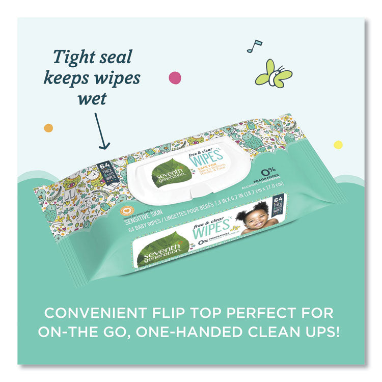 Free and Clear Baby Wipes, 7 x 7, Unscented, White, 64/Flip-Top Pack