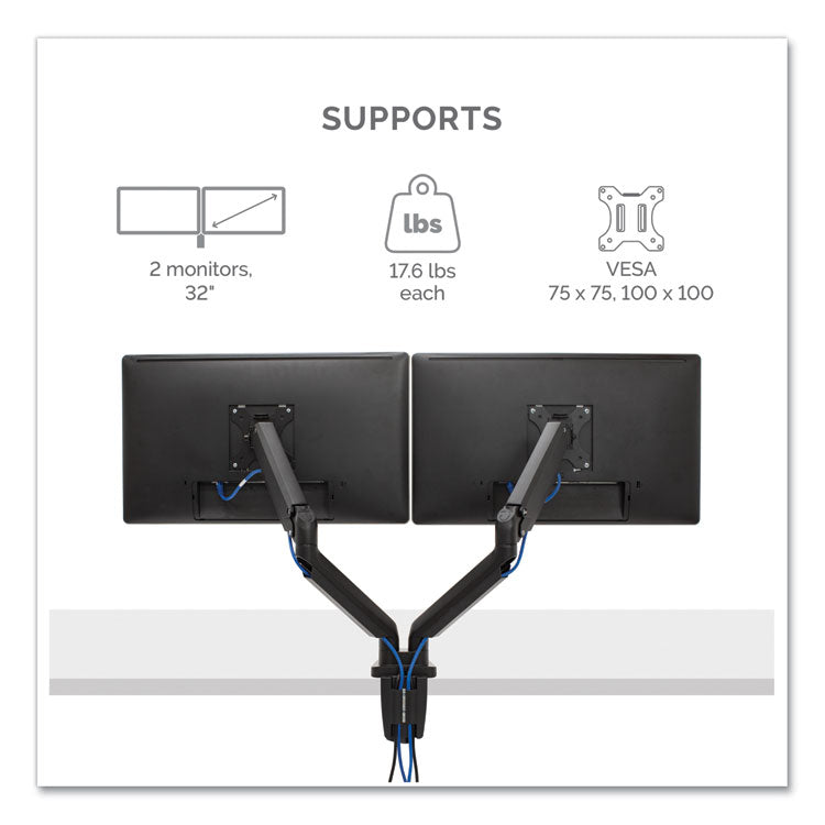 Platinum Series Dual Monitor Arm For 27" Monitors, 360 Deg Rotation, +85 Deg/-20 Deg Tilt, 360 Deg Pan, Black, Supports 20 Lb