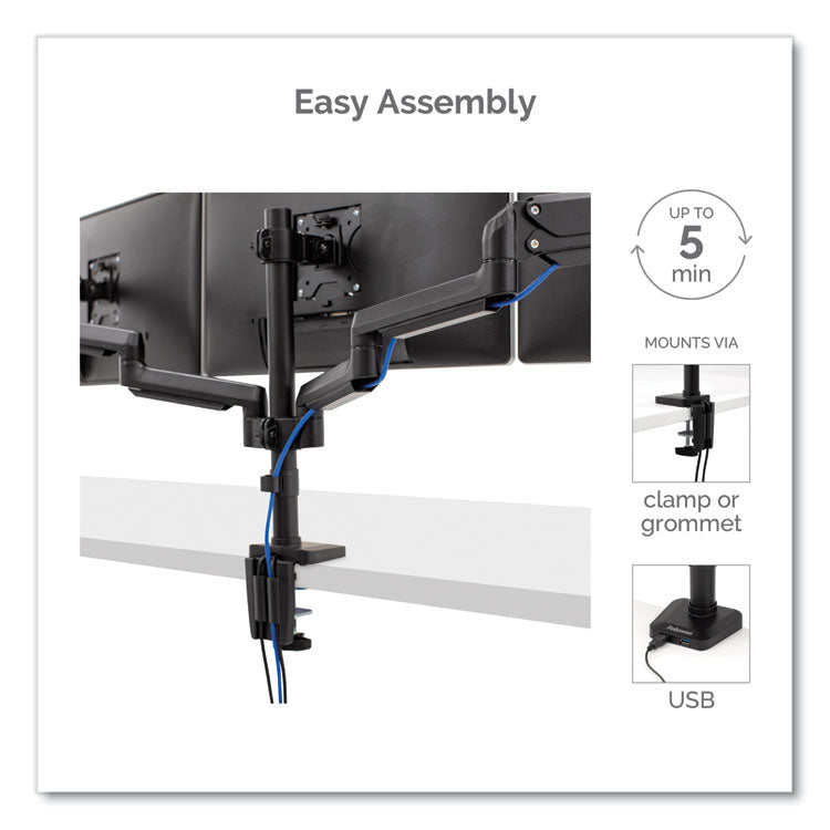 Platinum Series Triple Monitor Arm For 27" Monitors, 360 Deg Rotation, +85/-20 Deg Tilt, 360 Deg Pan, Black, Supports 20 Lb