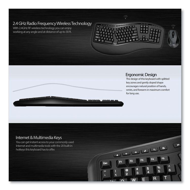 Wkb1500gb Wireless Ergonomic Keyboard And Mouse, 2.4 Ghz Frequency/30 Ft Wireless Range, Black