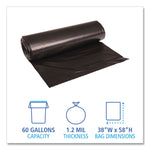 Recycled Low-Density Polyethylene Can Liners, 60 gal, 1.2 mil, 38" x 58", Black, Perforated, 10 Bags/Roll, 10 Rolls/Carton