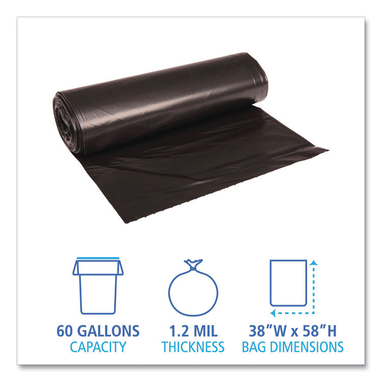 Recycled Low-Density Polyethylene Can Liners, 60 gal, 1.2 mil, 38" x 58", Black, Perforated, 10 Bags/Roll, 10 Rolls/Carton