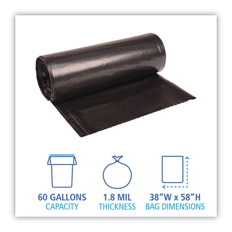 Recycled Low-Density Polyethylene Can Liners, 60 gal, 1.8 mil, 38" x 58", Black, Perforated, 10 Bags/Roll, 10 Rolls/Carton