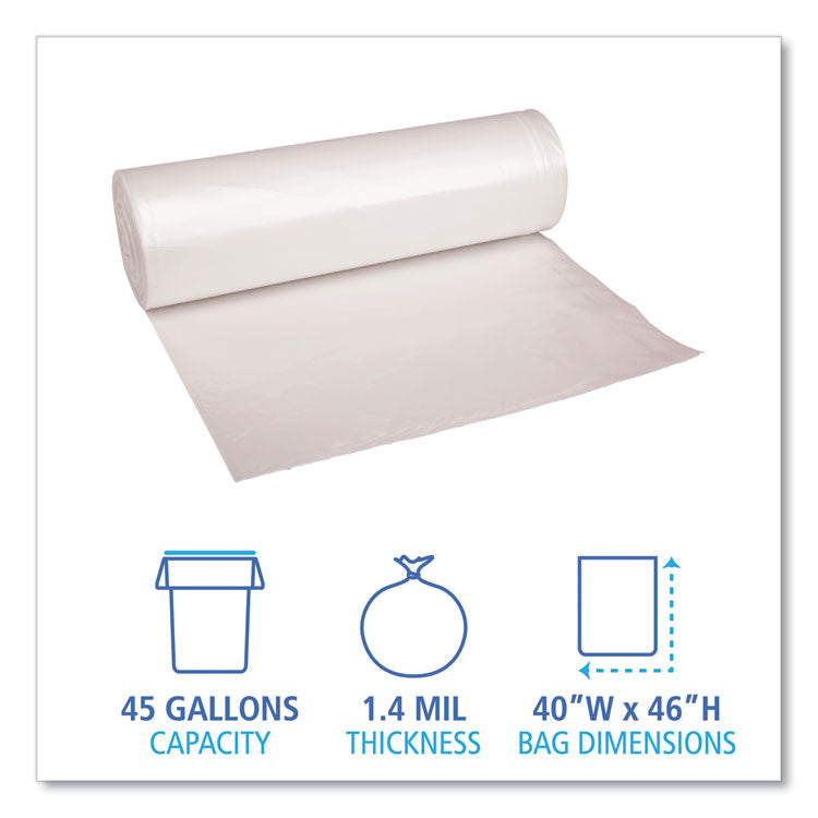Recycled Low-Density Polyethylene Can Liners, 45 gal, 1.4 mil, 40" x 46", Clear, Perforated, 10 Bags/Roll, 10 Rolls/Carton