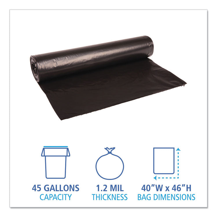 Recycled Low-Density Polyethylene Can Liners, 45 gal, 1.2 mil, 40" x 46", Black, Perforated, 10 Bags/Roll, 10 Rolls/Carton