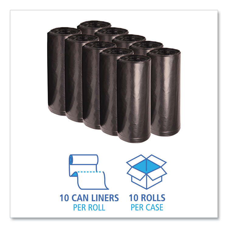 Recycled Low-Density Polyethylene Can Liners, 60 gal, 1.8 mil, 38" x 58", Black, Perforated, 10 Bags/Roll, 10 Rolls/Carton