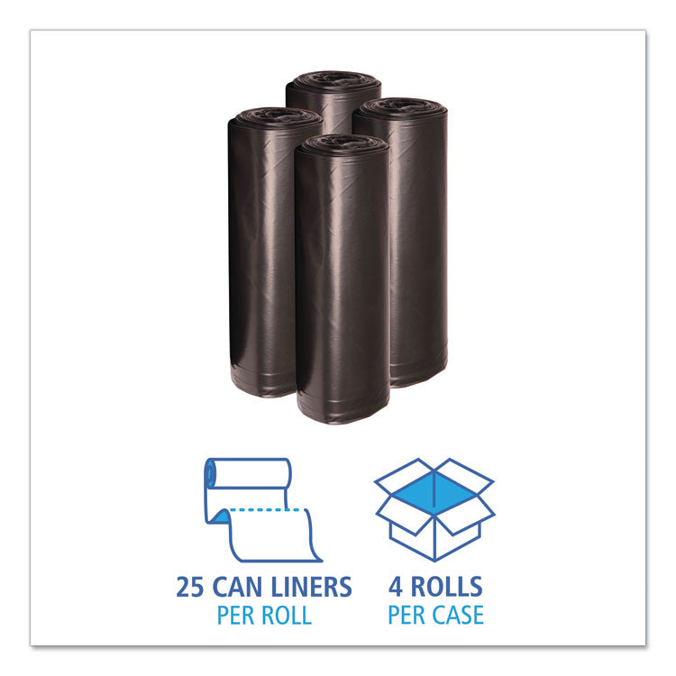 Recycled Low-Density Polyethylene Can Liners, 60 gal, 1.2 mil, 38" x 58", Black, Perforated, 10 Bags/Roll, 10 Rolls/Carton