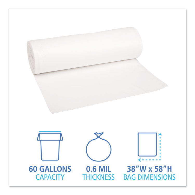 Low-Density Waste Can Liners, 60 gal, 0.6 mil, 38" x 58", White, Perforated Roll, 25 Bags/Roll, 4 Rolls/Carton