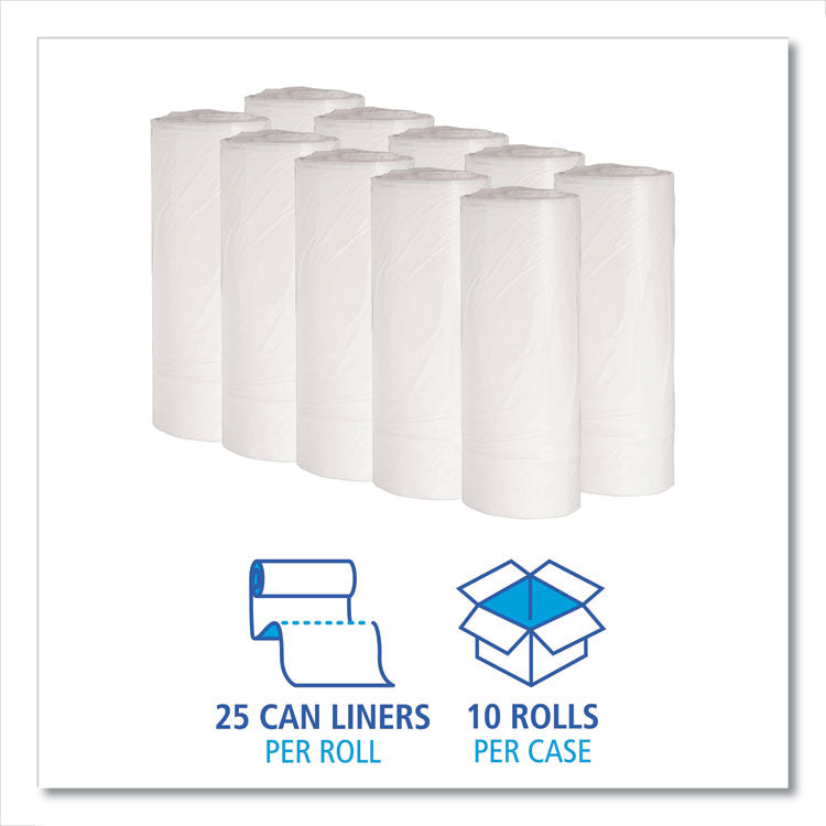 Low-Density Waste Can Liners, 10 gal, 0.4 mil, 24" x 23", White, Perforated Roll, 25 Bags/Roll, 20 Rolls/Carton