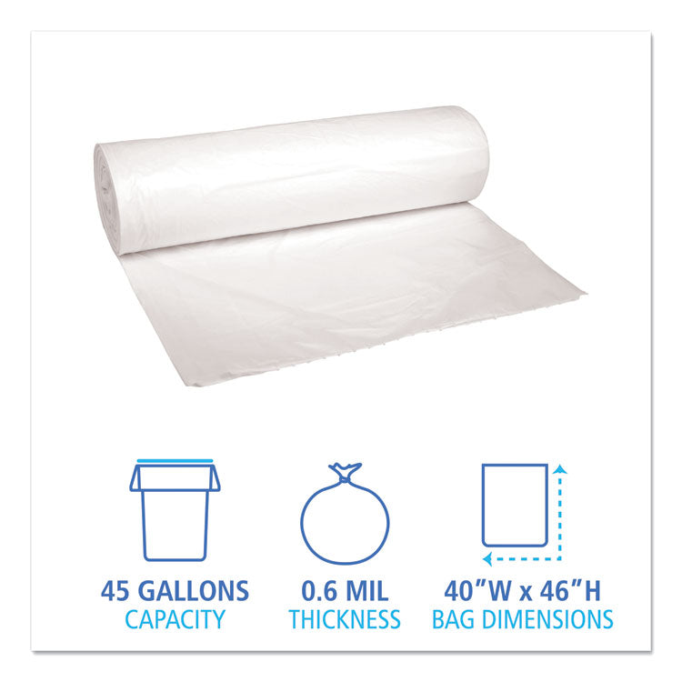 Low-Density Waste Can Liners, 45 gal, 0.6 mil, 40" x 46", White, Perforated Roll, 25 Bags/Roll, 4 Rolls/Carton