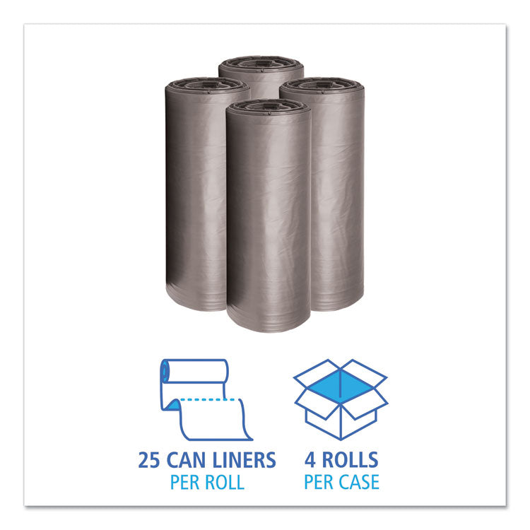 Low-Density Waste Can Liners, 60 gal, 0.95 mil, 38" x 58", Gray, Perforated Roll, 25 Bags/Roll, 4 Rolls/Carton