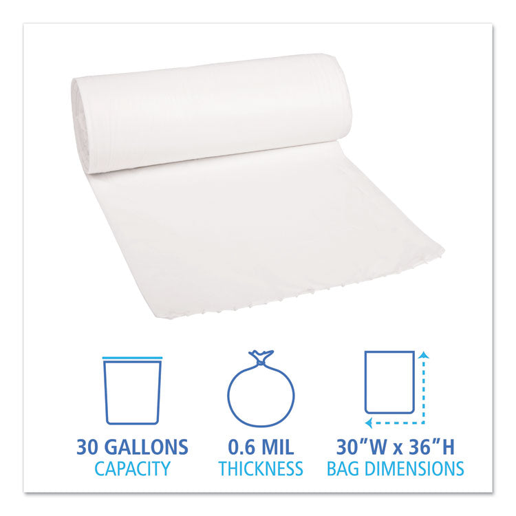 Low-Density Waste Can Liners, 30 gal, 0.6 mil, 30" x 36", White, Perforated Roll, 25 Bags/Roll, 8 Rolls/Carton