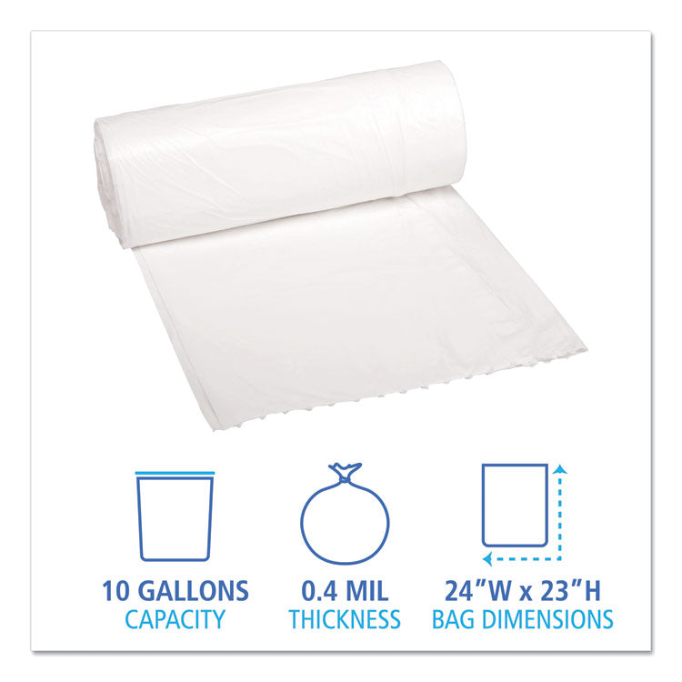Low-Density Waste Can Liners, 10 gal, 0.4 mil, 24" x 23", White, Perforated Roll, 25 Bags/Roll, 20 Rolls/Carton