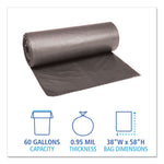 Low-Density Waste Can Liners, 60 gal, 0.95 mil, 38" x 58", Gray, Perforated Roll, 25 Bags/Roll, 4 Rolls/Carton