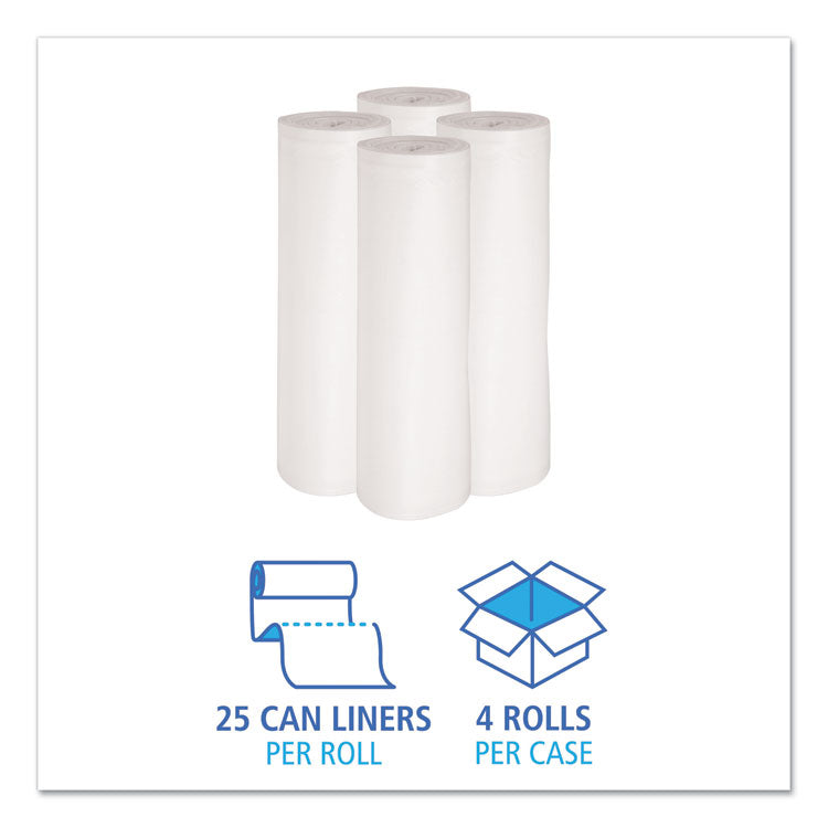 Low-Density Waste Can Liners, 60 gal, 0.6 mil, 38" x 58", White, Perforated Roll, 25 Bags/Roll, 4 Rolls/Carton