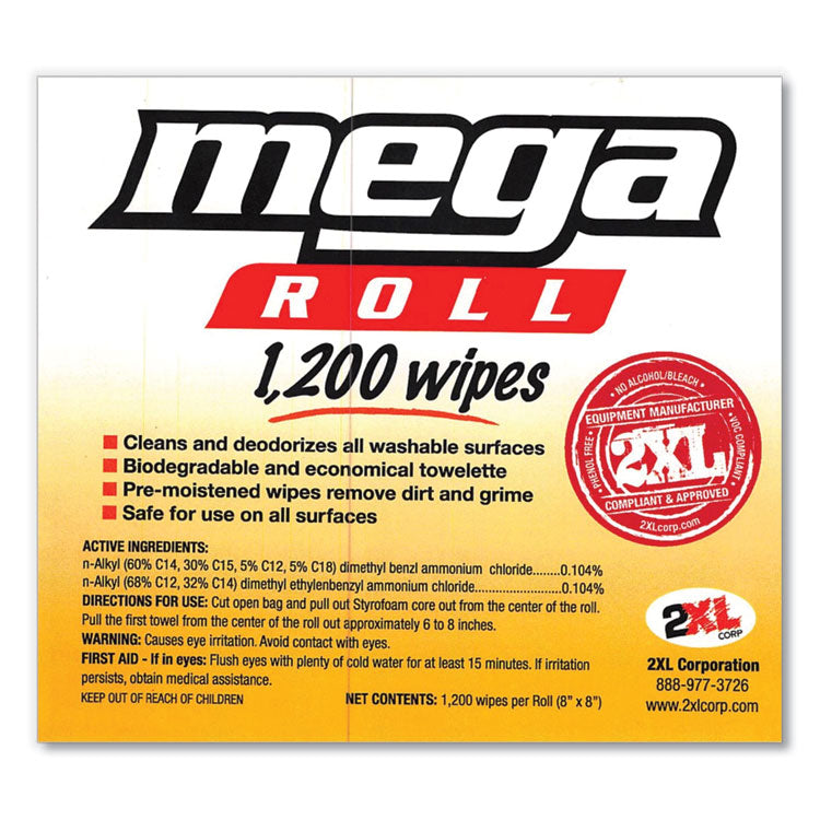 Gym Wipes Mega Roll Refill, 8 x 8, Unscented, White, 1,200/Roll, 2 Rolls/Carton