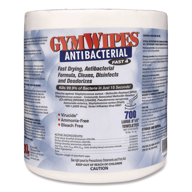 Antibacterial Gym Wipes Refill, 1-Ply, 6 x 8, Unscented, White, 700 Wipes/Pack, 4 Packs/Carton