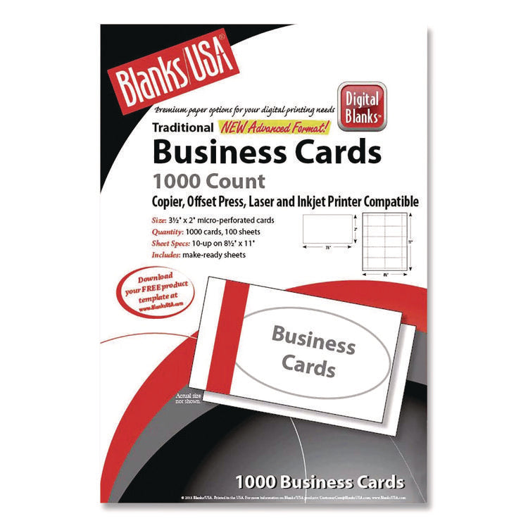 Printable Microperf Business Cards, Copier/inkjet/laser/offset, 2 X 3.5, White, Bristol, 1,000 Cards, 10/sheet, 100 Sheets/pk