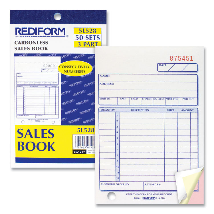 Sales Book, 12 Lines, Three-Part Carbonless, 4.25 x 6.38, 50 Forms Total