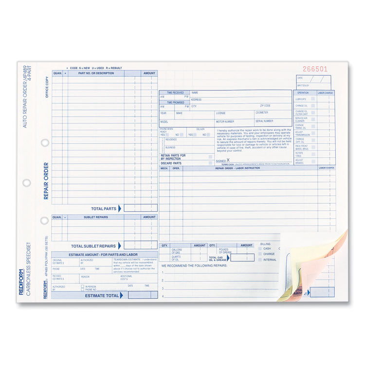 Speediset Four-Part Auto Repair Form, Four-Part Carbonless, 11 x 8.5, 50 Forms Total