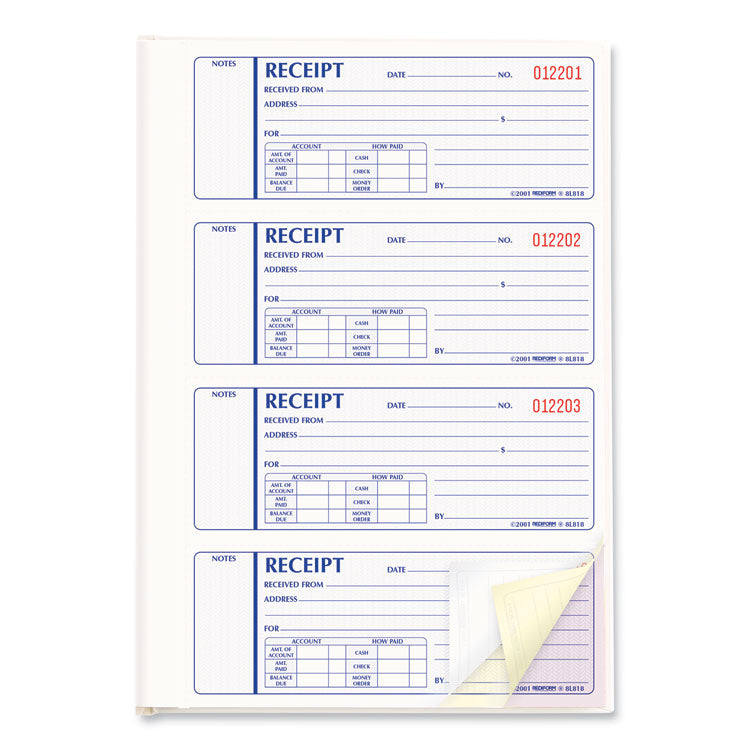 Money Receipt Book, Hardcover, Three-Part Carbonless, 7 x 2.75, 4 Forms/Sheet, 200 Forms Total