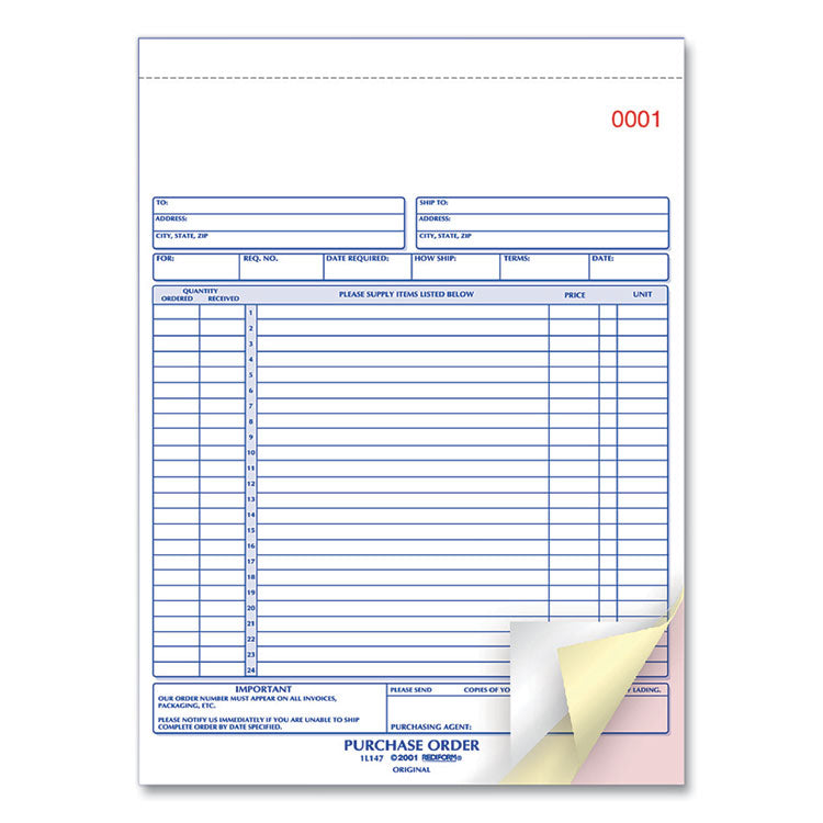 Purchase Order Book, 17 Lines, Three-Part Carbonless, 8.5 x 11, 50 Forms Total