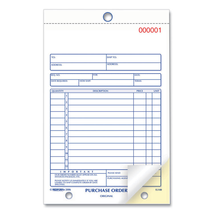 Purchase Order Book, 12 Lines, Two-Part Carbonless, 5.5 x 7.88, 50 Forms Total