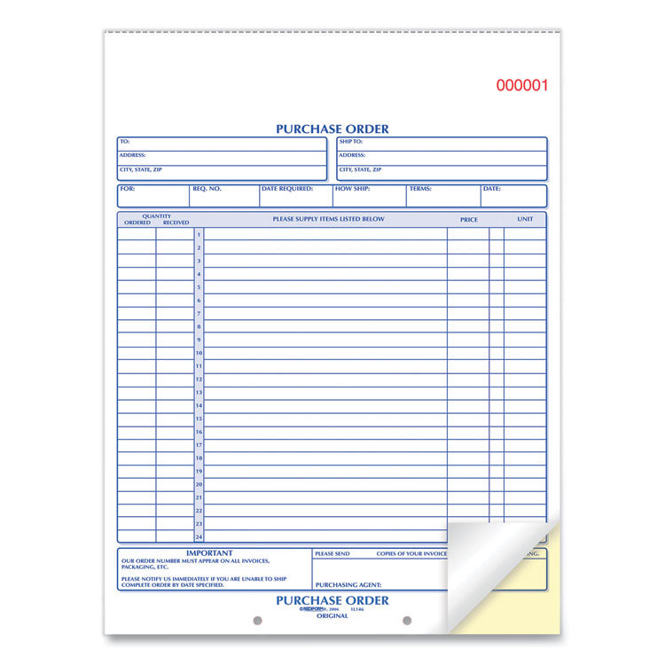 Purchase Order Book, 17 Lines, Two-Part Carbonless, 8.5 x 11, 50 Forms Total