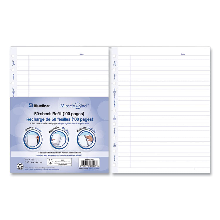 Miraclebind Ruled Paper Refill Sheets For All Miraclebind Notebooks And Planners, 9.25 X 7.25, White/blue Sheets, Undated