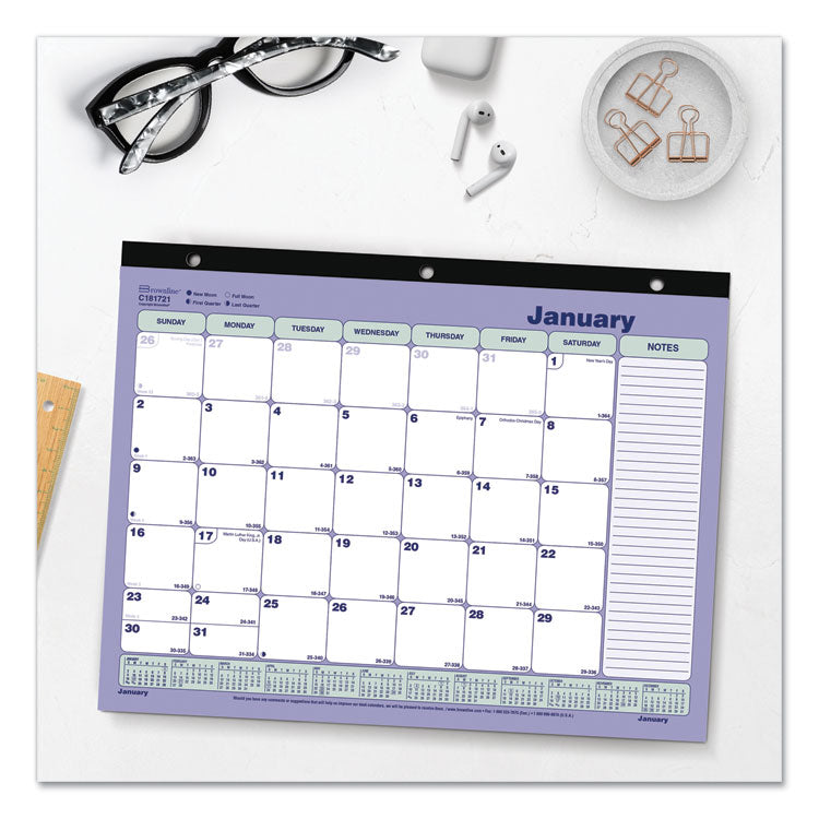Monthly Desk Pad Calendar, 3-Hole Punched, 11 x 8.5, White/Blue/Green Sheets, Black Binding, 12-Month (Jan to Dec): 2025