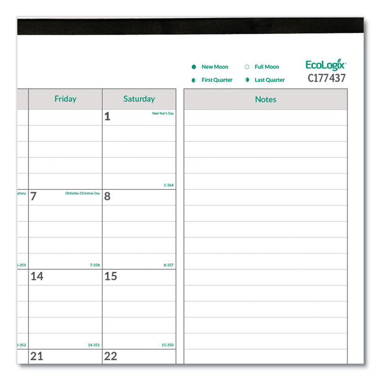 EcoLogix Monthly Desk Pad Calendar, 22 x 17, White/Green Sheets, Black Binding/Corners, 12-Month (Jan to Dec): 2025